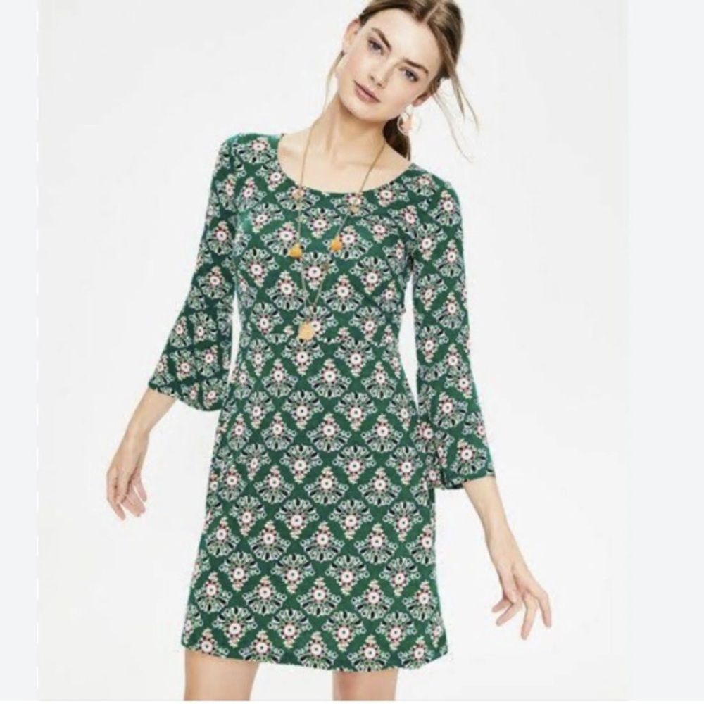 Boden Green Floral Long-Sleeve Shift Dress - Women's Everyday Dress